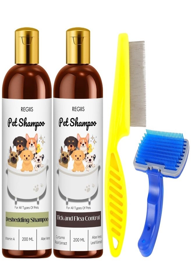 REGIIS Pet Shampoo Set, Deshedding and Tick and Flea Control, 200 ML Each with Pet Grooming Brush and Flea Comb, for All Types of Dogs(4 Pack) - Image 1